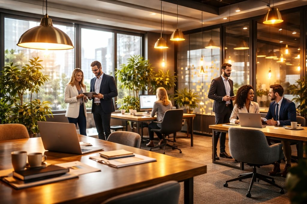 The Zimtech team collaborating in a modern office